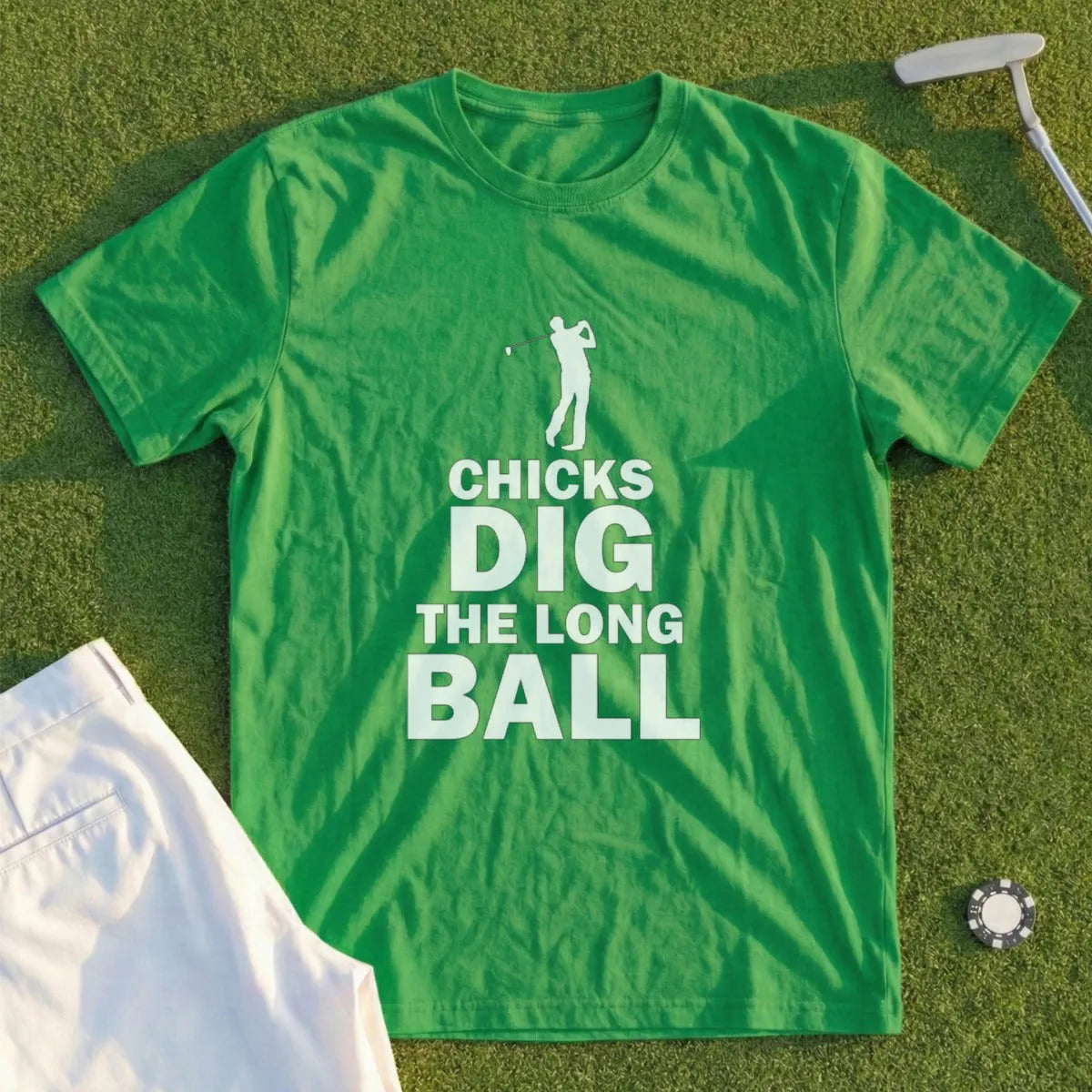 Green t-shirt with "CHICKS DIG THE LONG BALL" text and golf imagery.