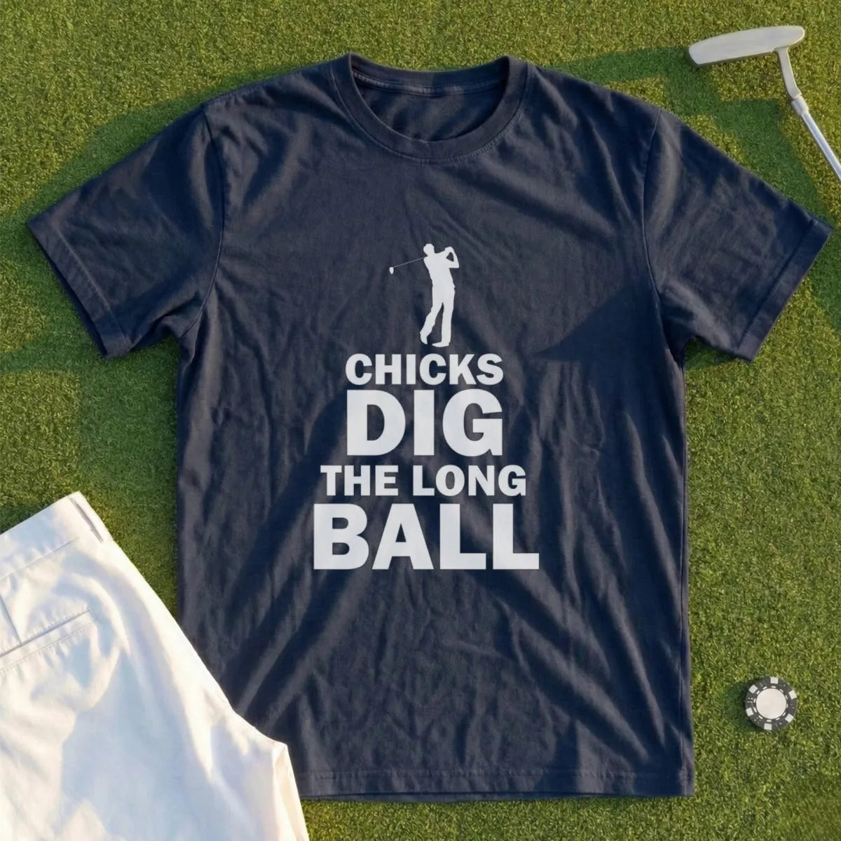 Navy t-shirt with "CHICKS DIG THE LONG BALL" and golf imagery.