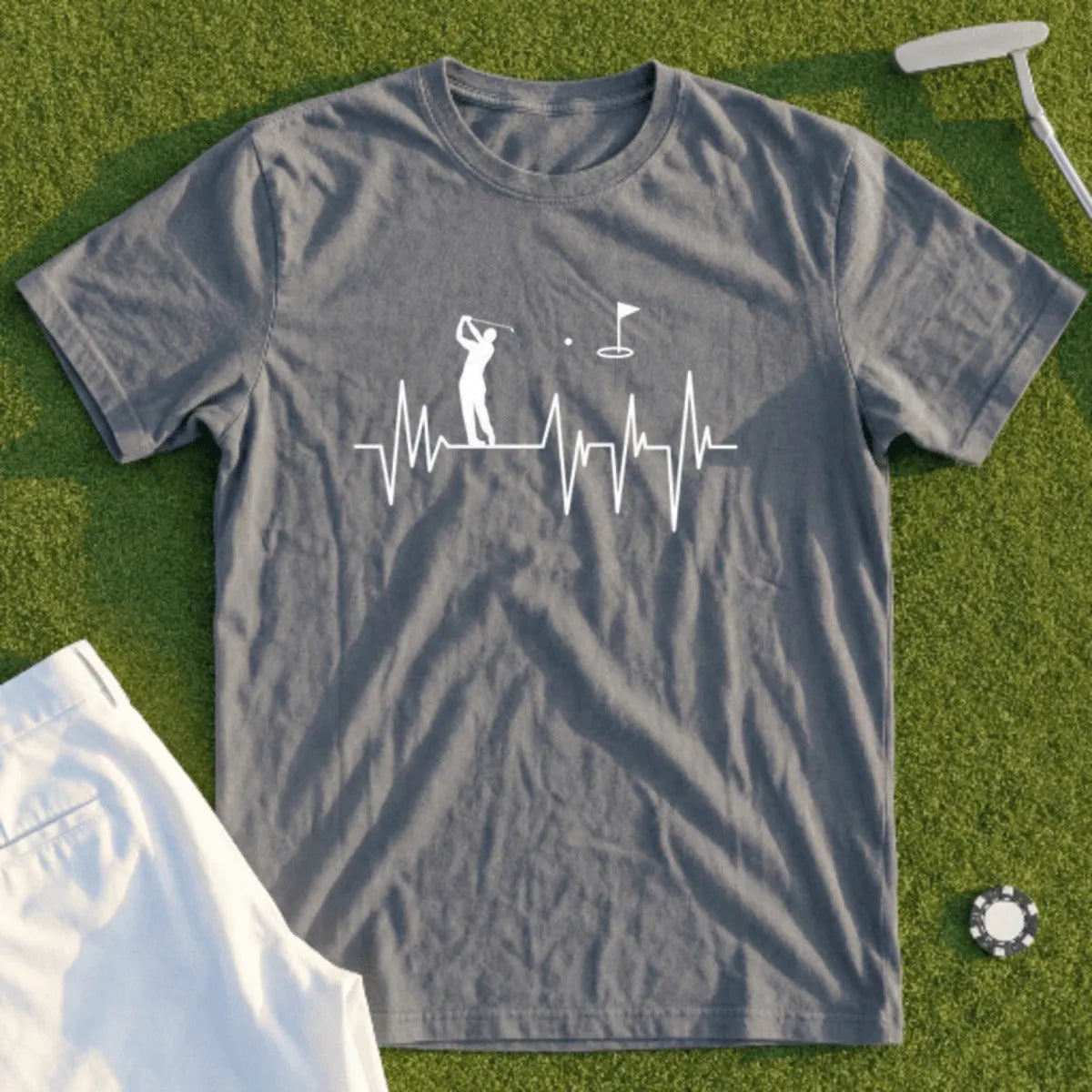 Grey t-shirt with a white heartbeat line depicting a golfer.