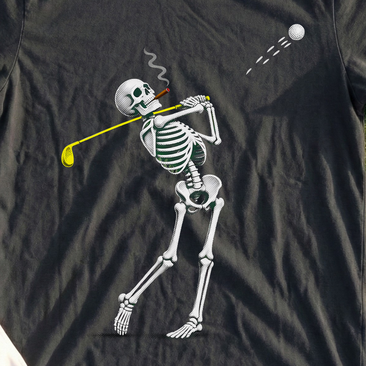 Cigar Skeleton Swing Halftone Tee, print close-up on Black