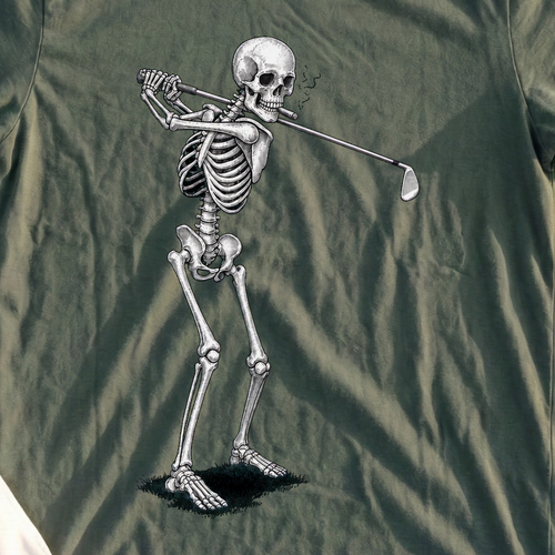 Cigar Skeleton Swing Tee, print close-up on Military Green