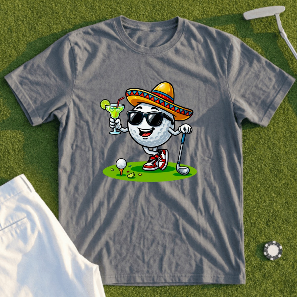Golf ball wearing a sombrero and holding a margarita, with a golf club and tee.