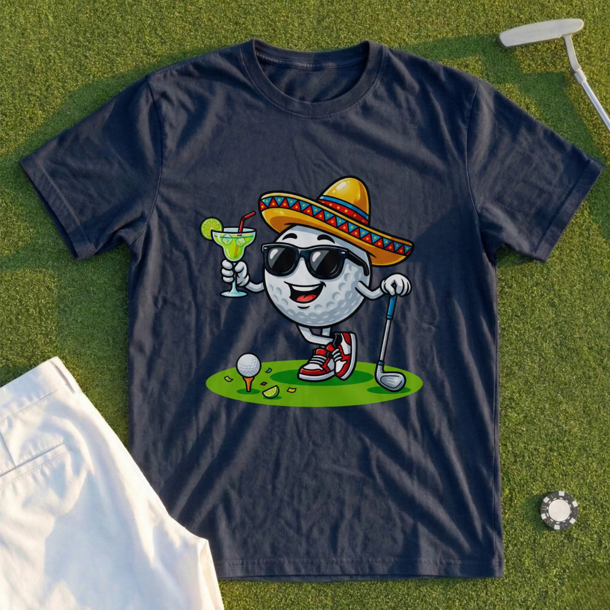 Golf ball character in sombrero holding margarita, with golf club and tee.