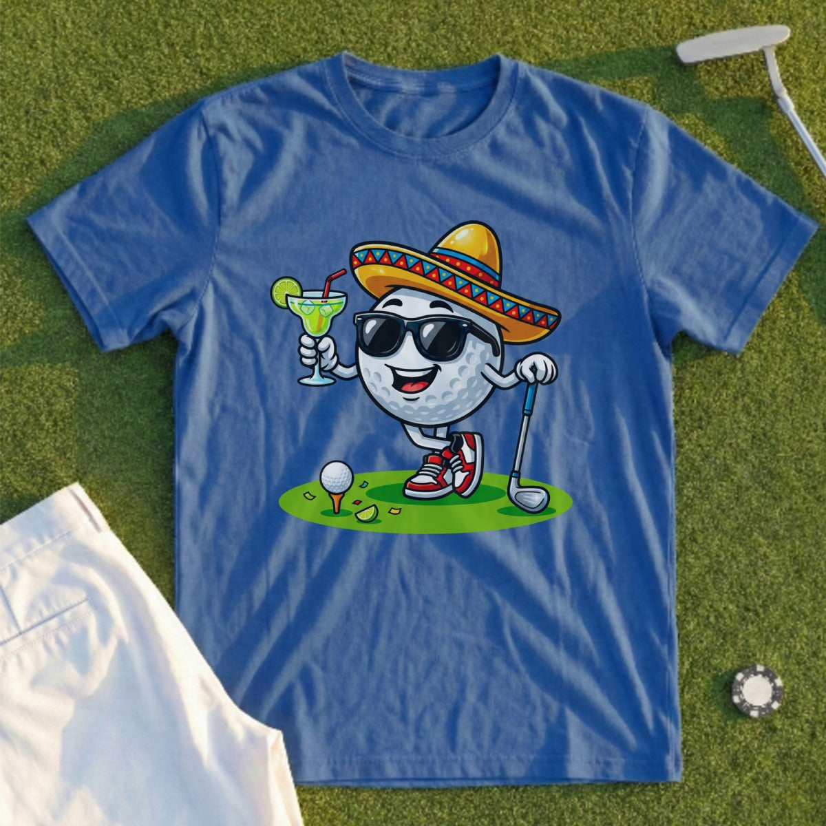 Golf ball character wearing a sombrero and holding a margarita, on a golf course.