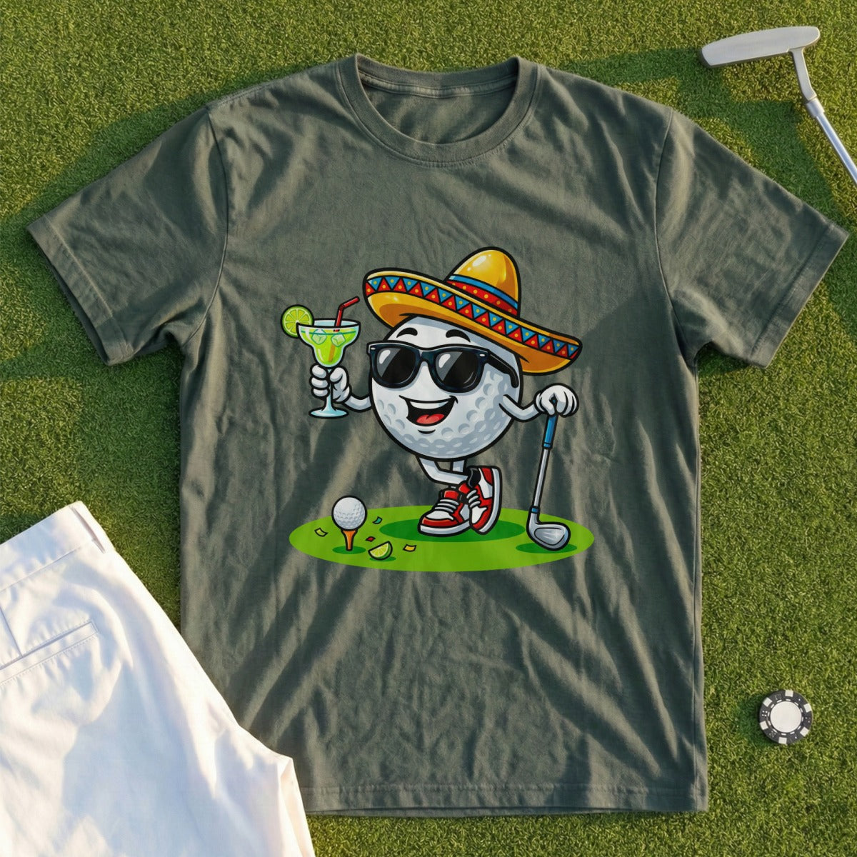Golf ball wearing a sombrero and sunglasses holding a margarita.