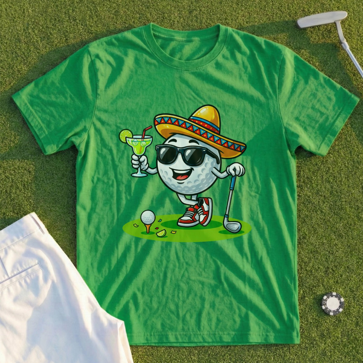 Golf ball wearing a sombrero and sunglasses holds a margarita on a golf course.
