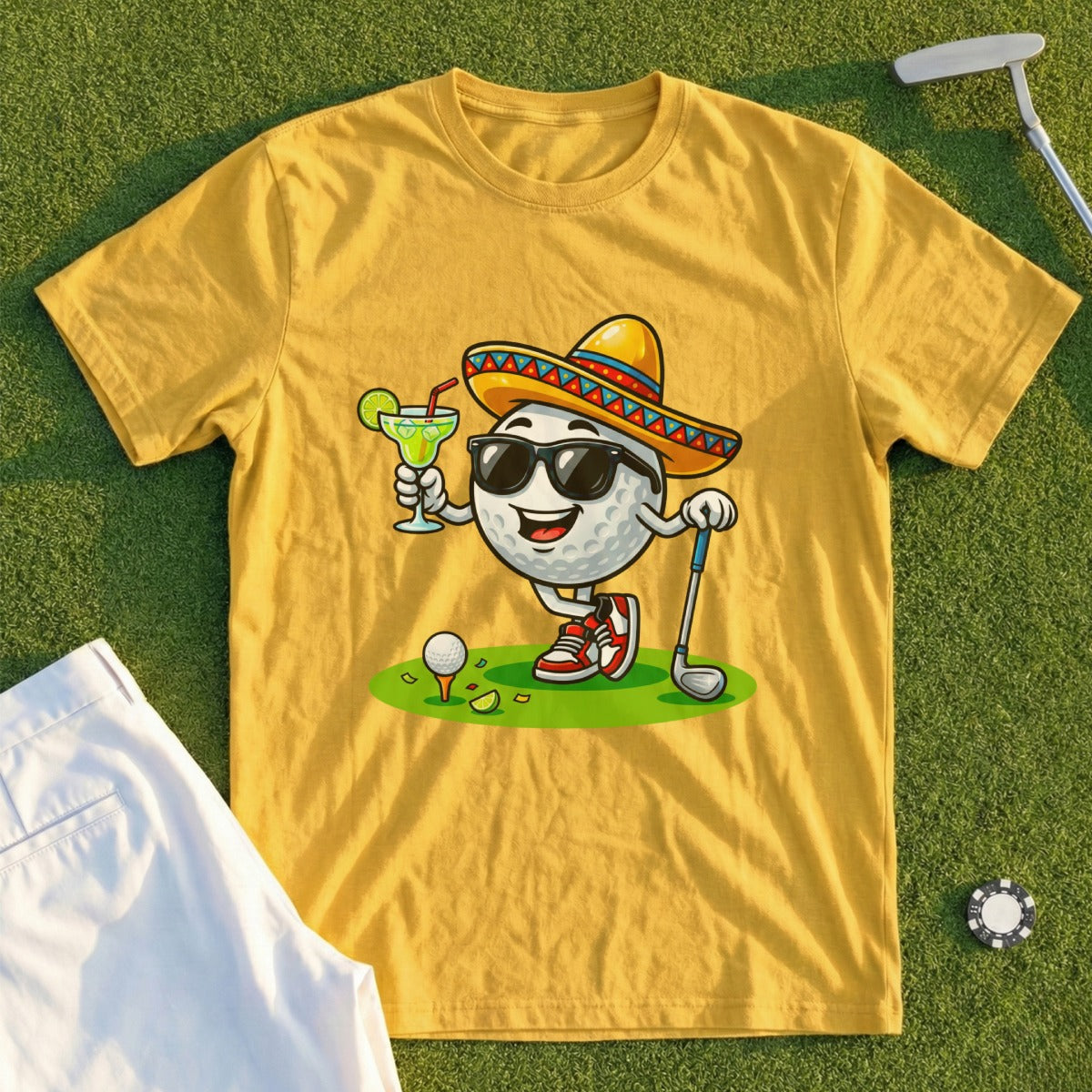Golf ball character wearing a sombrero and holding a margarita on a golf course.