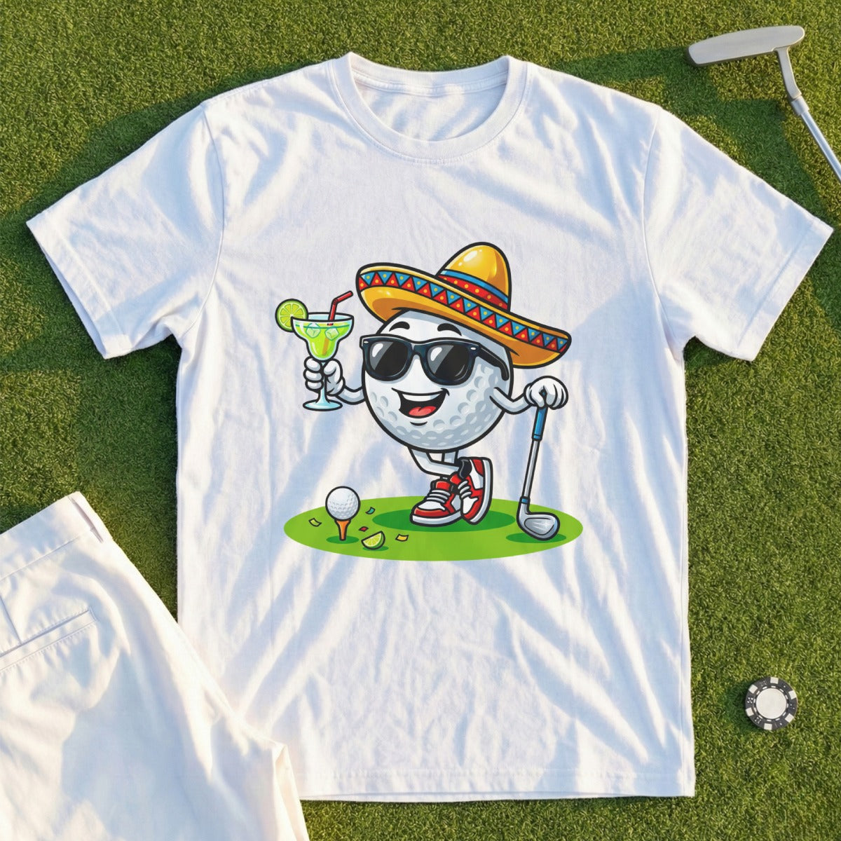 Golf ball wearing a sombrero and sunglasses holds a margarita, standing on a golf course.