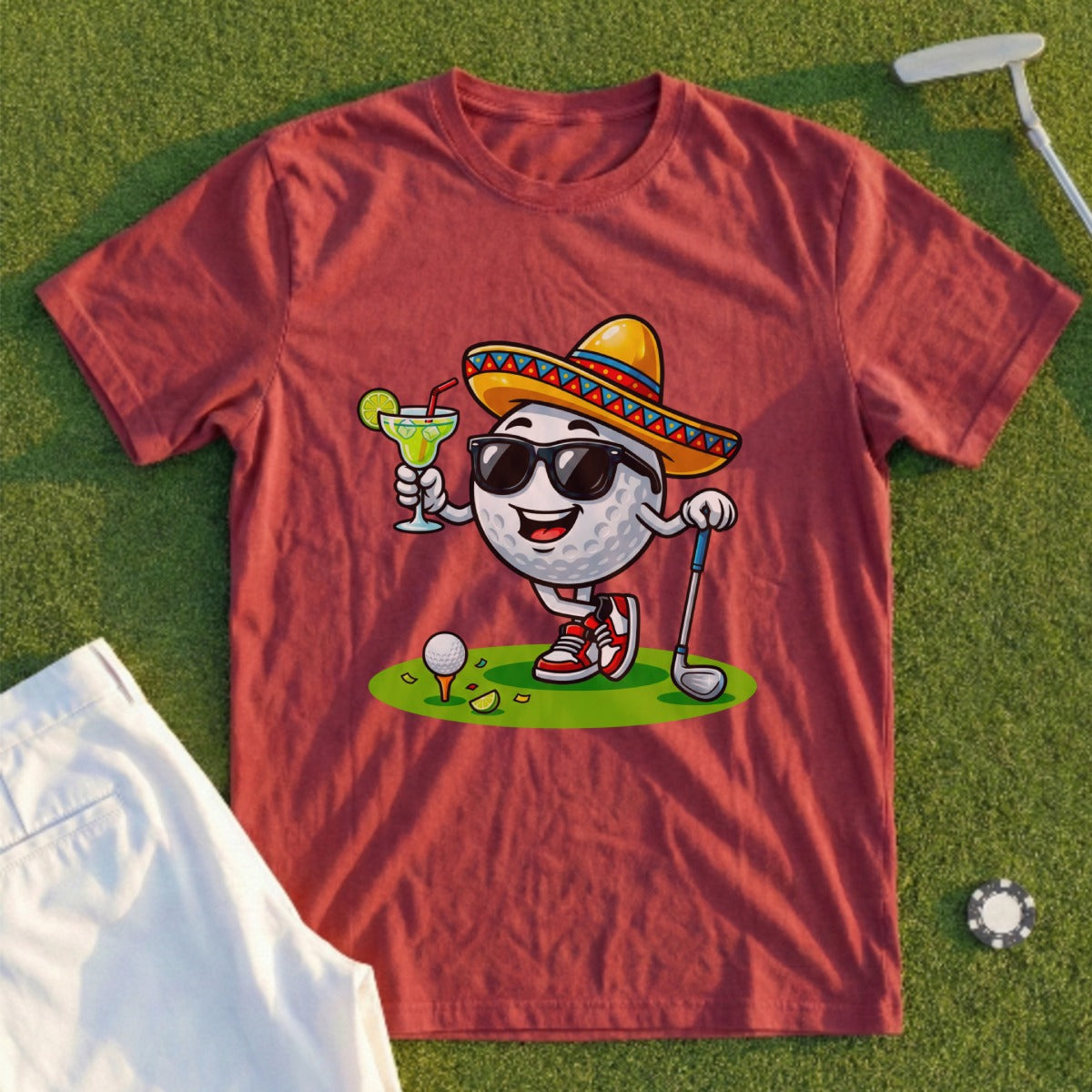 Golf ball in sombrero and sunglasses holding a margarita, with golf club and tee.