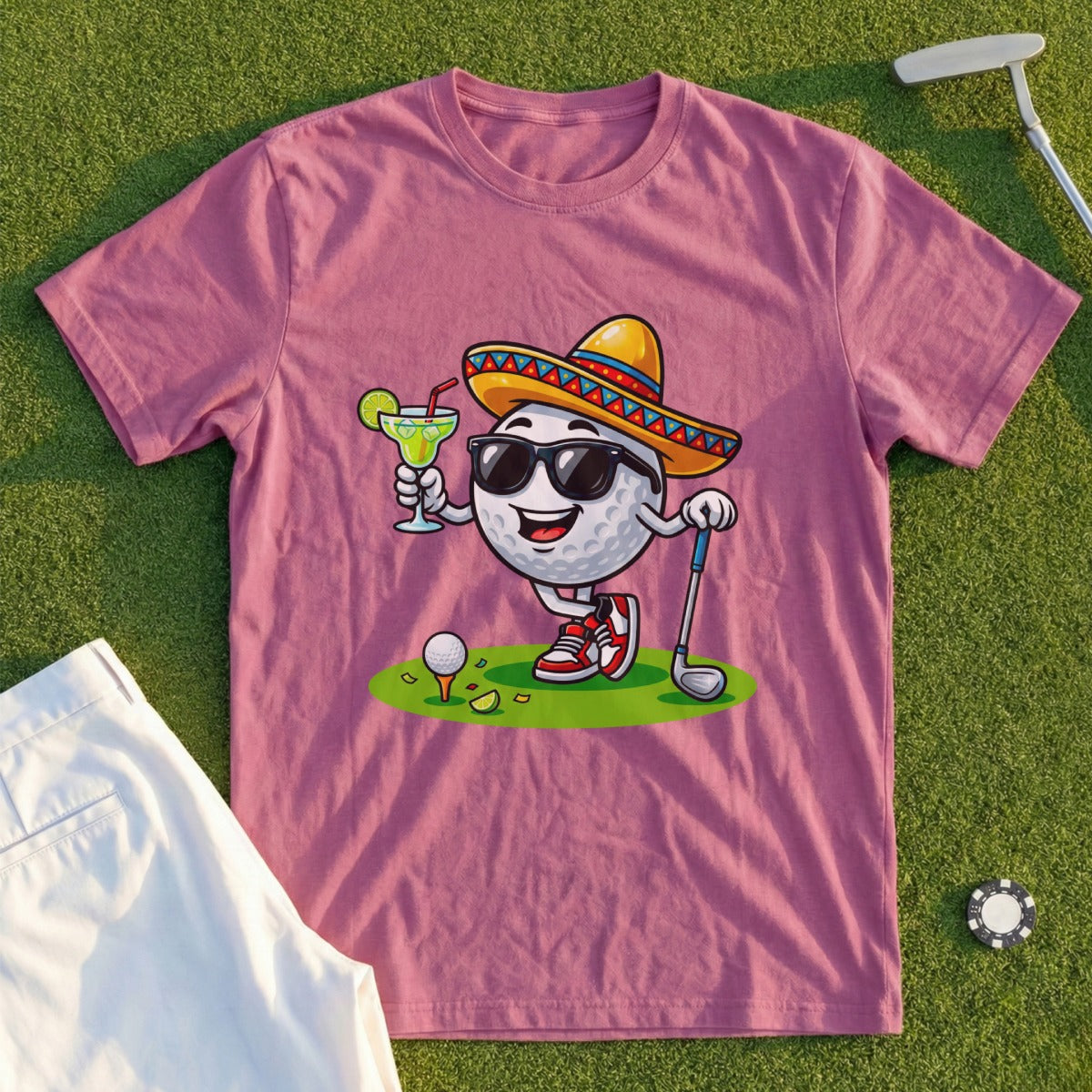 Golf ball wearing sombrero and sunglasses holding a margarita on grass.