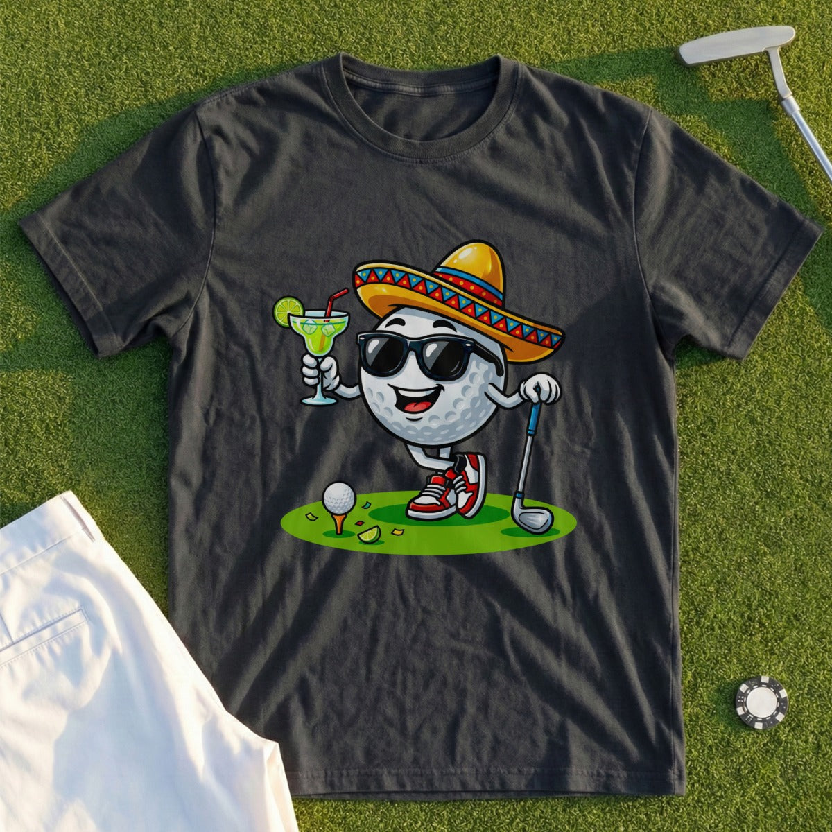 Golf ball wearing sombrero and sunglasses, holding margarita, with golf club.