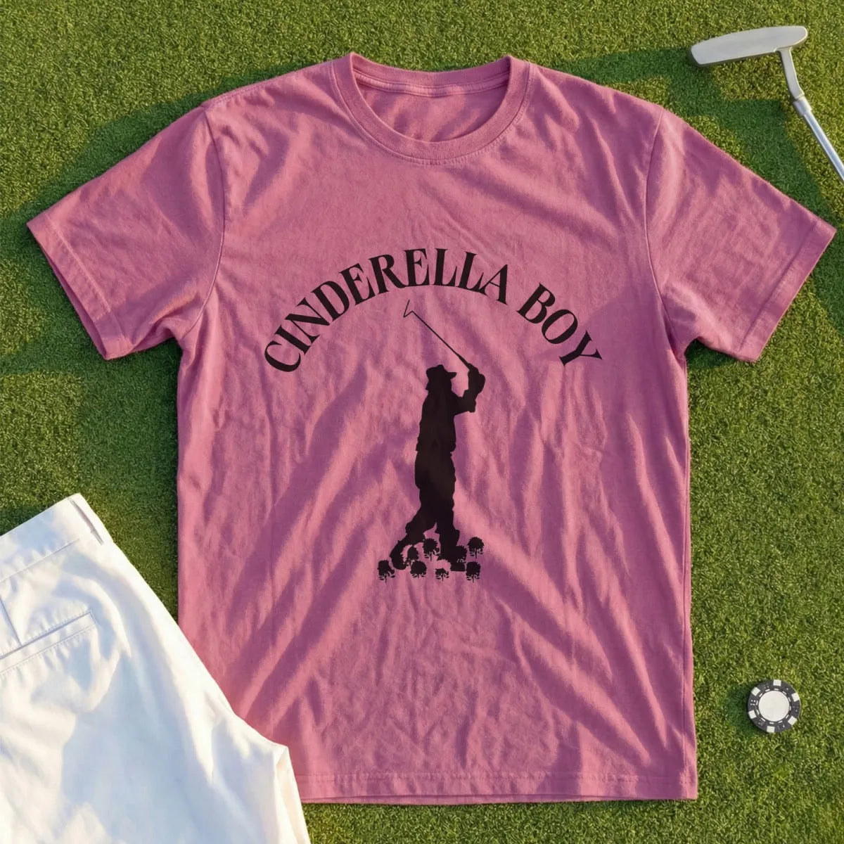 Pink t-shirt with "CINDERELLA BOY" text above a golfer silhouette.