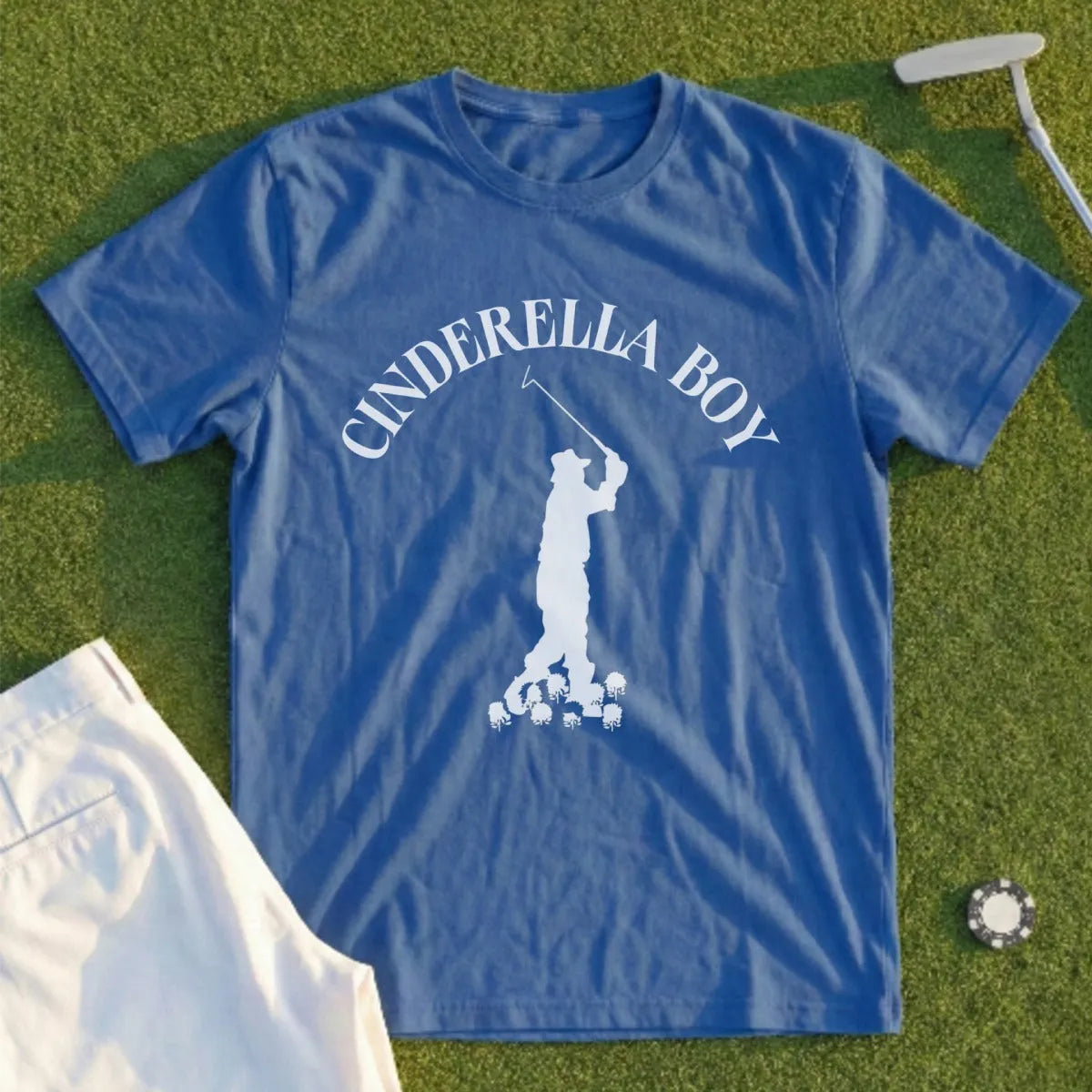 Blue t-shirt with "CINDERELLA BOY" text and a golfer silhouette.