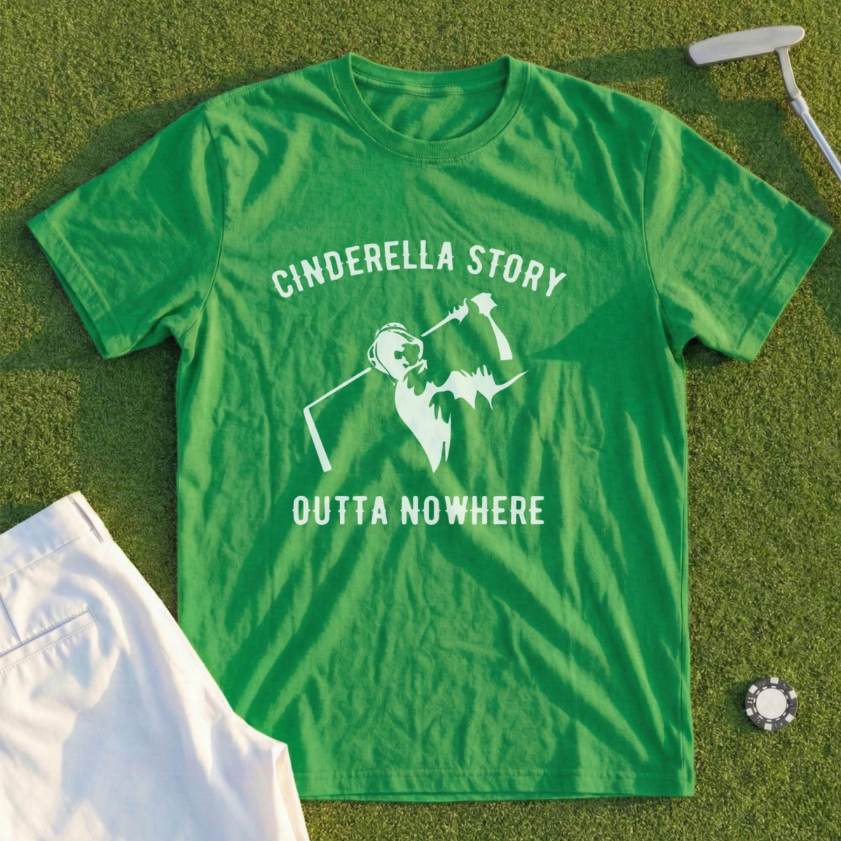 Green t-shirt with "Cinderella Story Outta Nowhere" text and a golfer graphic.