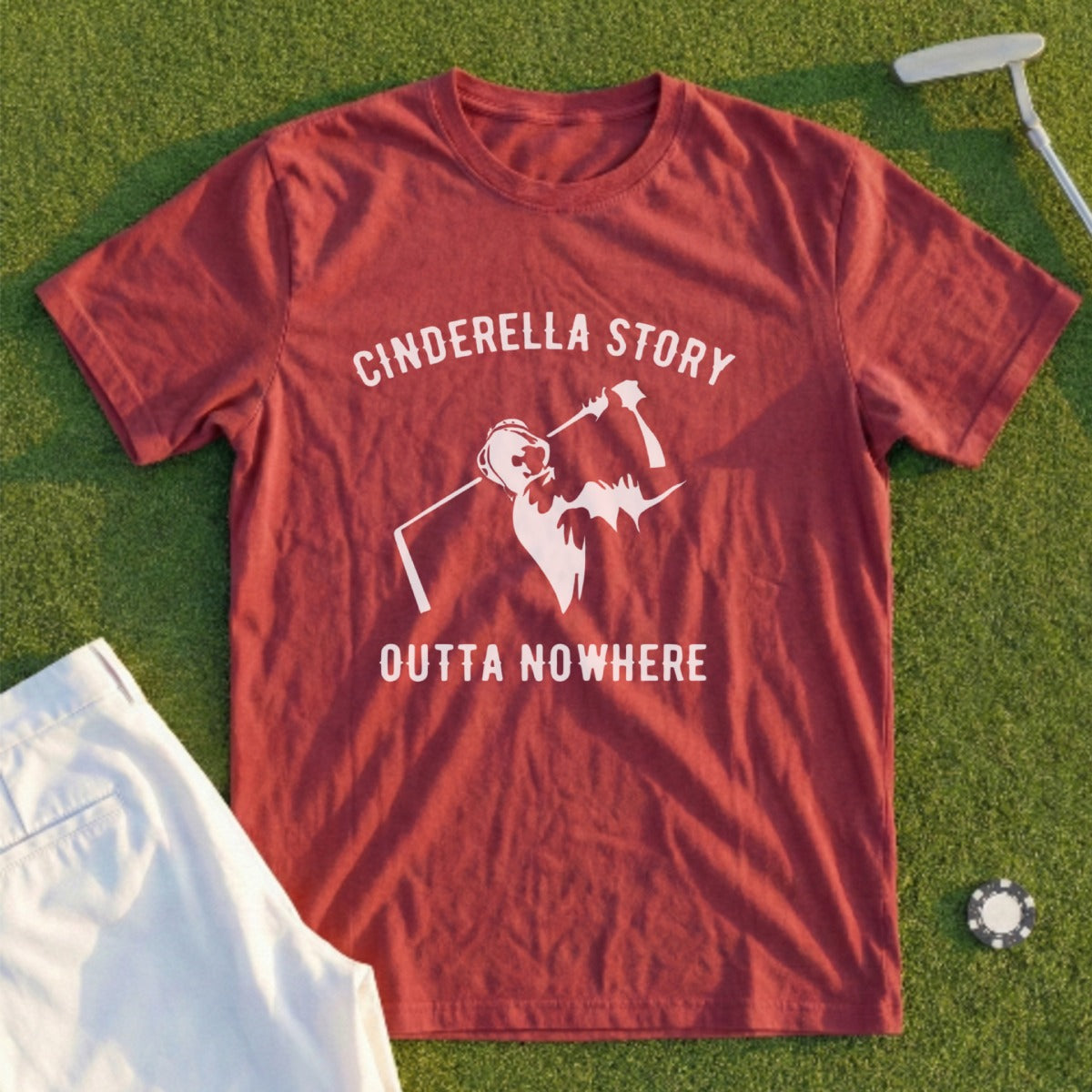 Maroon t-shirt with "Cinderella Story Outta Nowhere" text and a golf graphic.