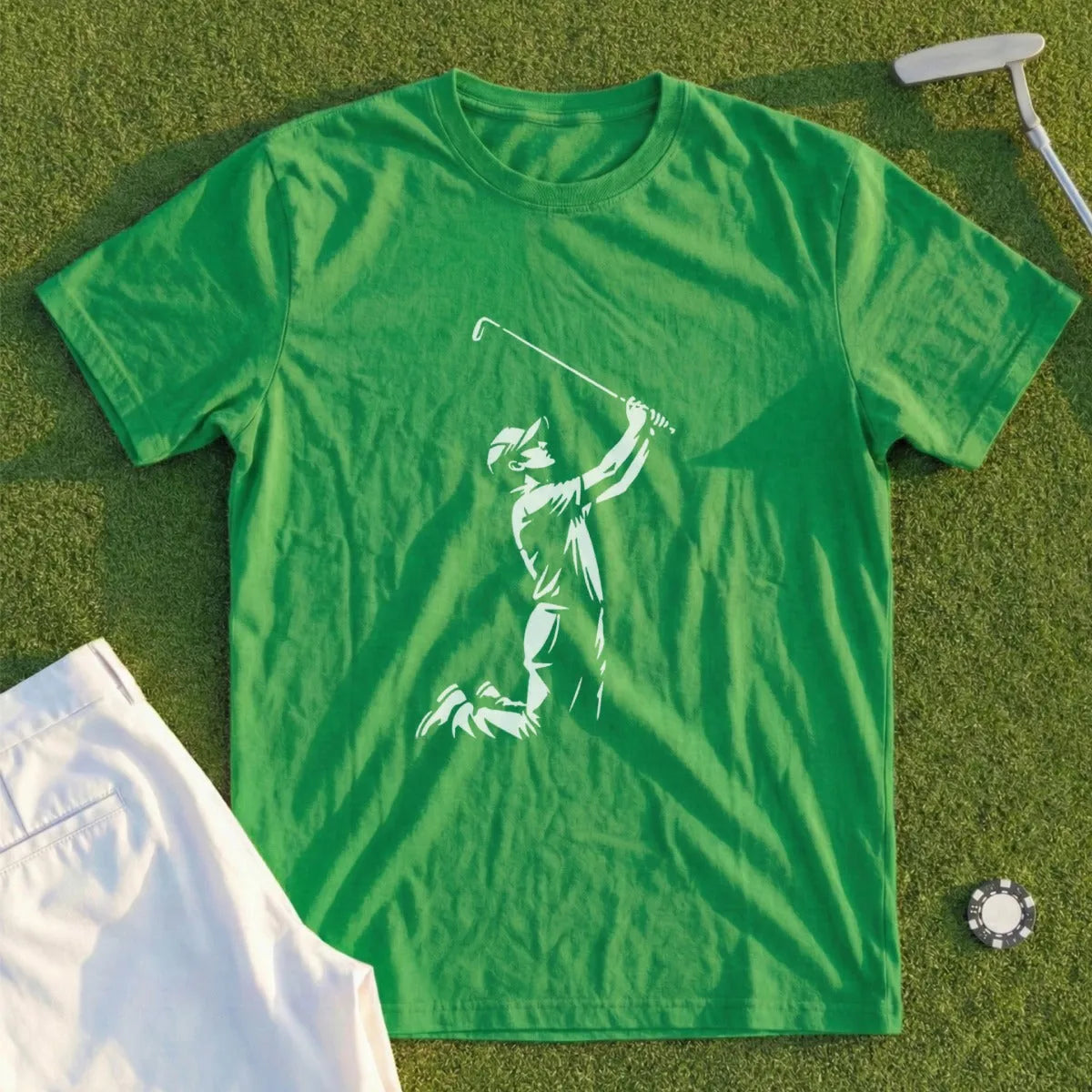 Green t-shirt with a white silhouette of a golfer swinging a club.