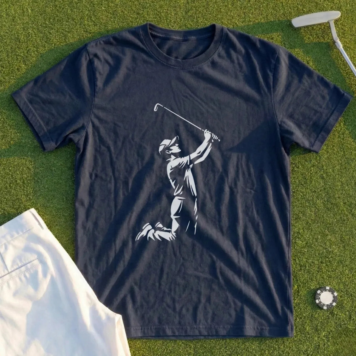 Dark blue t-shirt with a white graphic of a golfer swinging a club.