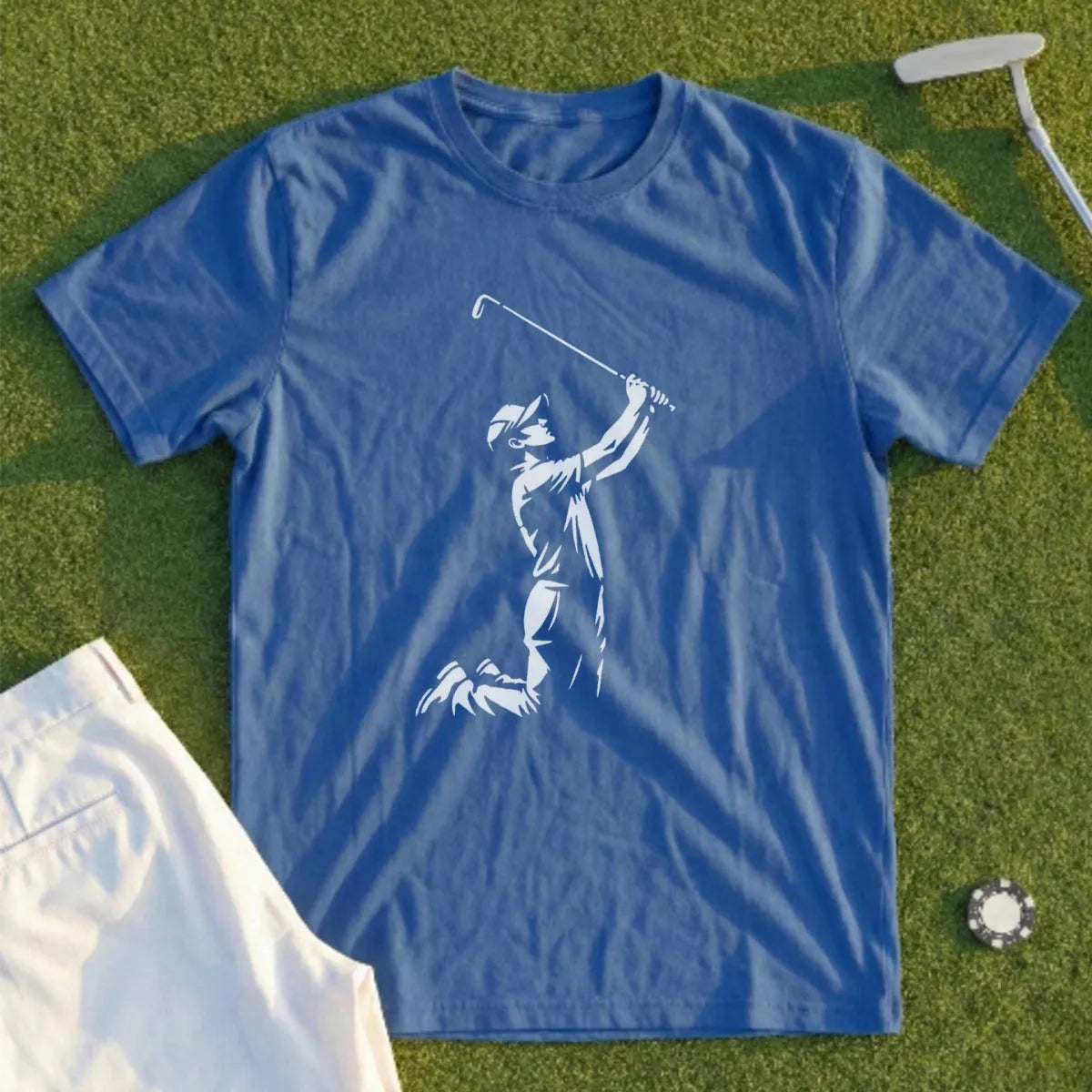 Blue t-shirt with white graphic of a golfer swinging a club.