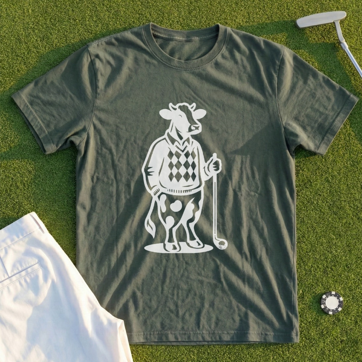 Green t-shirt with a white graphic of a cow wearing argyle and holding a golf club.