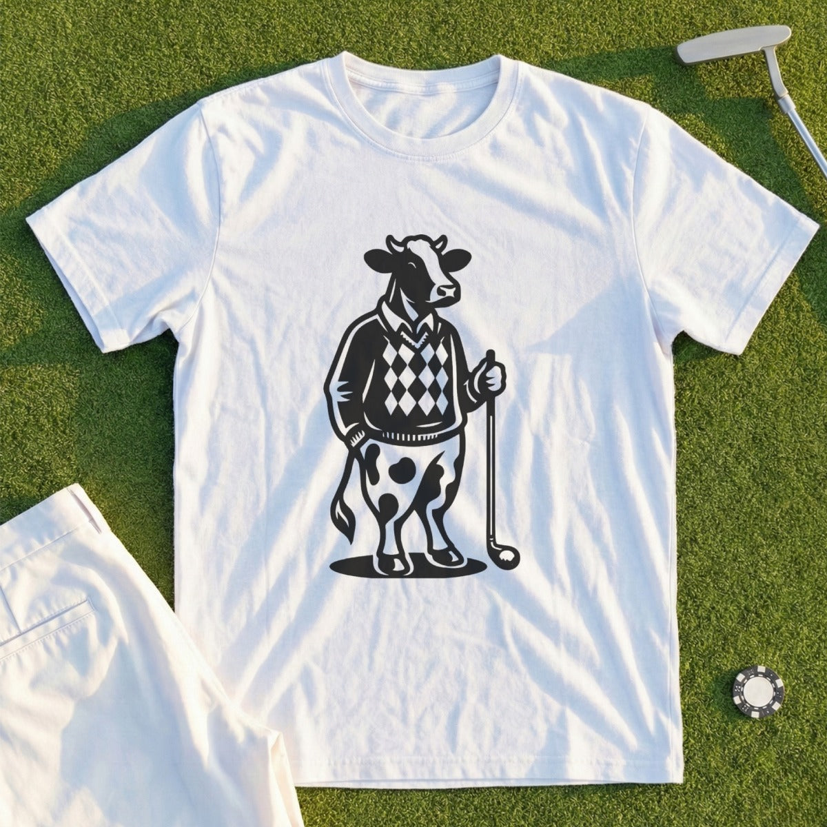 White t-shirt with graphic of a cow playing golf.