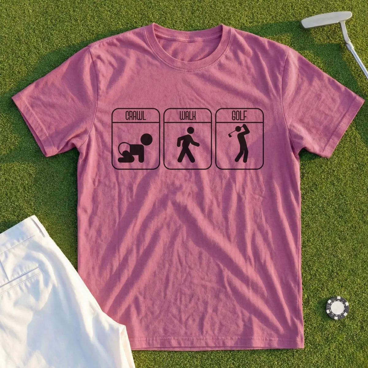 T-shirt with "Crawl," "Walk," and "Golf" icons depicting progression.