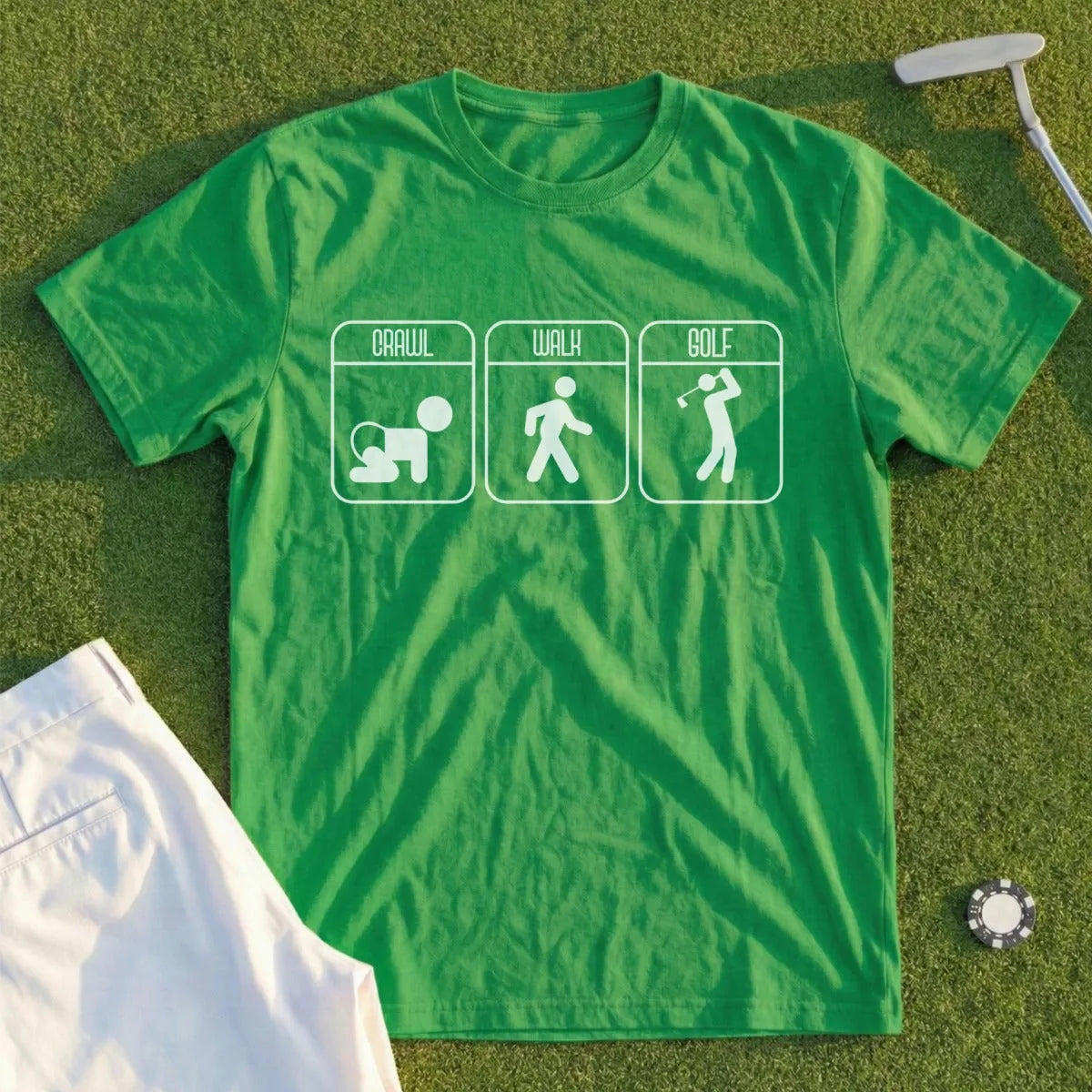 Green t-shirt with crawl, walk, golf icons and text.