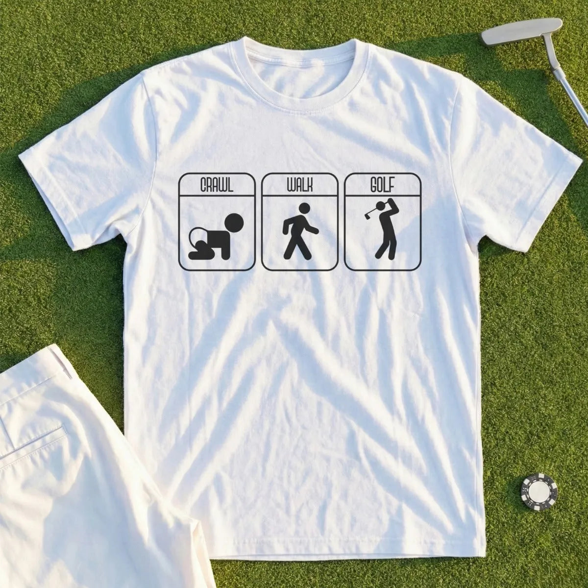 T-shirt with three icons: crawl, walk, golf.