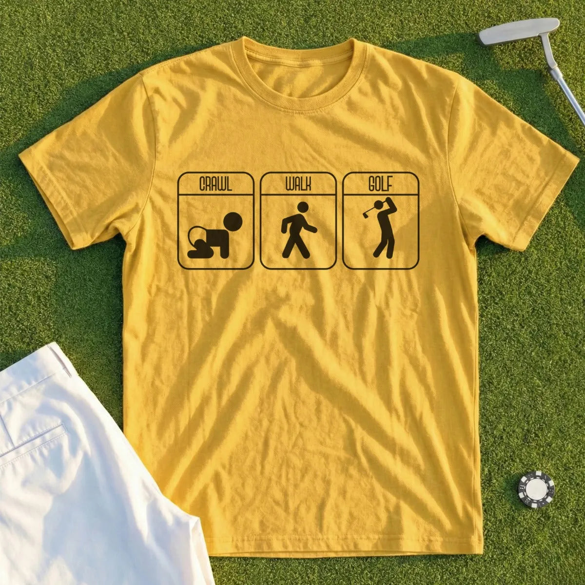 Yellow t-shirt with crawl, walk, golf icons and text.
