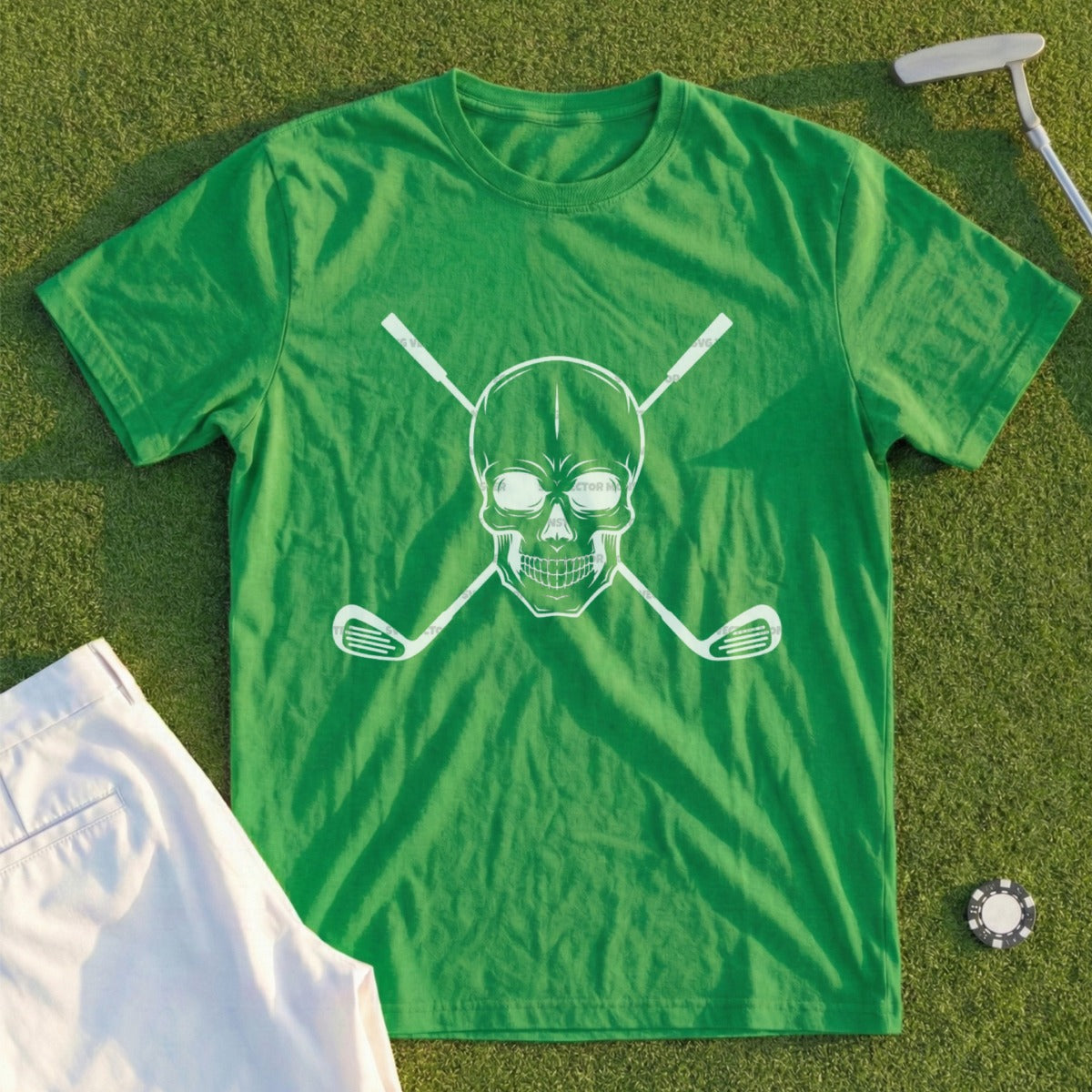 Green t-shirt with white skull and crossed golf clubs graphic.