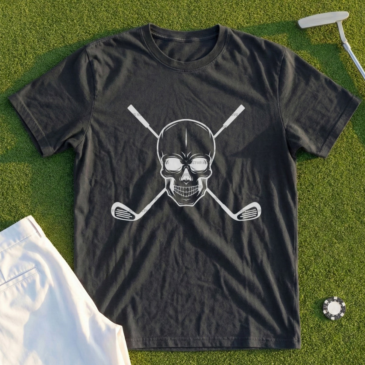Dark t-shirt with white skull and crossed golf clubs graphic.