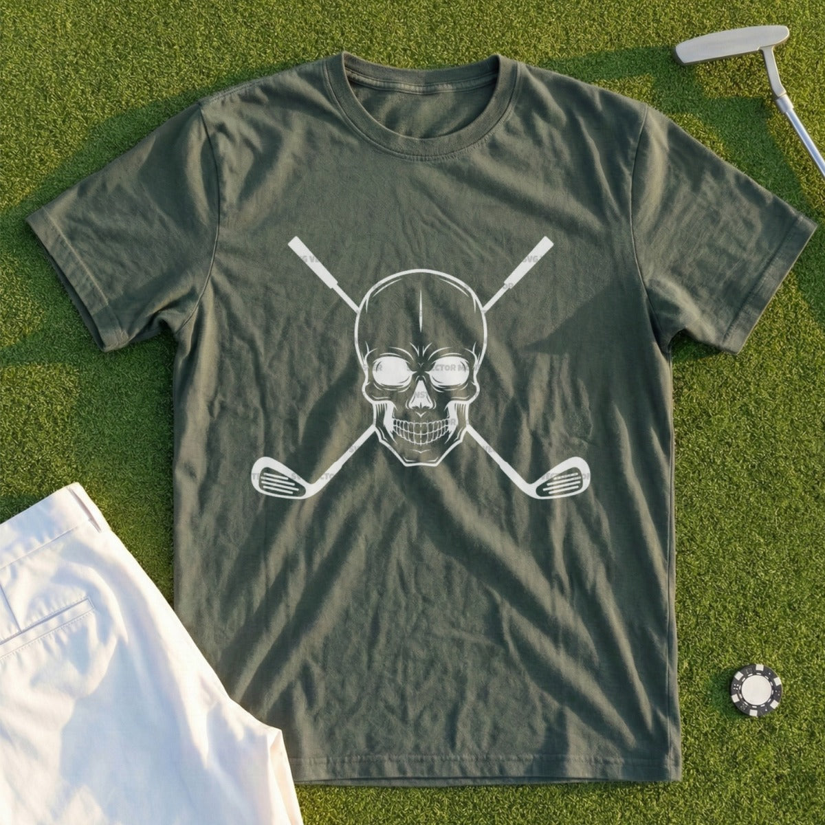 Green t-shirt with skull and crossed golf clubs graphic.