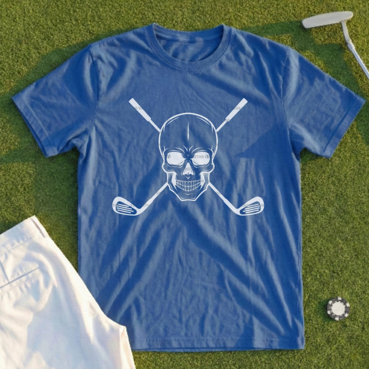 Blue t-shirt with a skull and crossed golf clubs graphic.