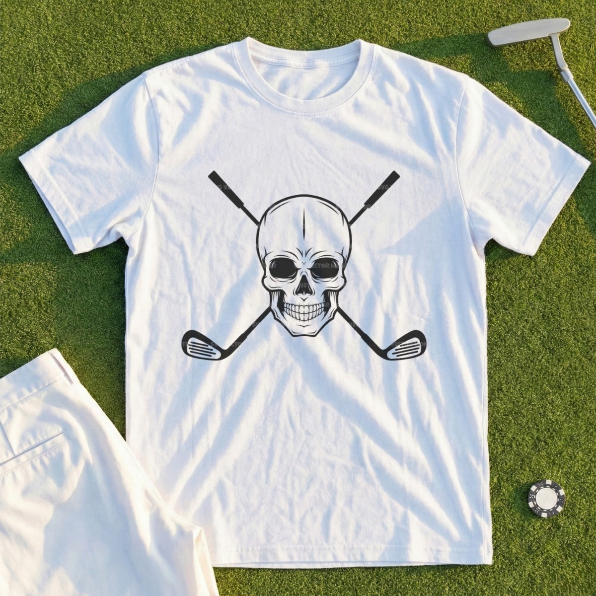 White t-shirt with a black skull and crossed golf clubs graphic.