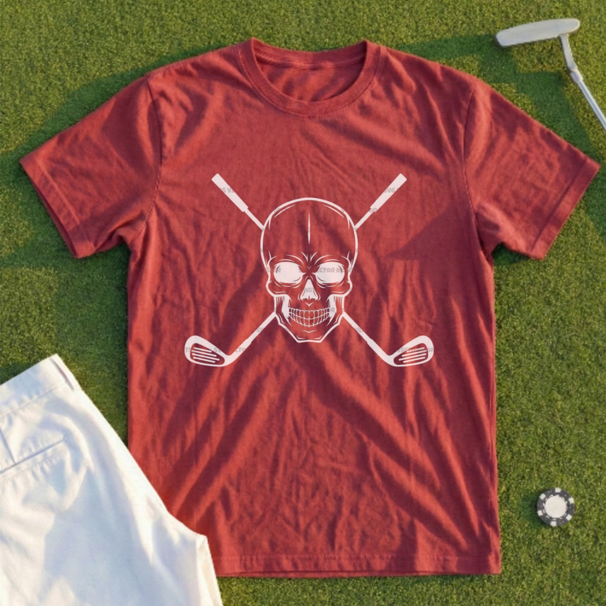 Burgundy t-shirt with a white skull and crossbones golf club graphic.