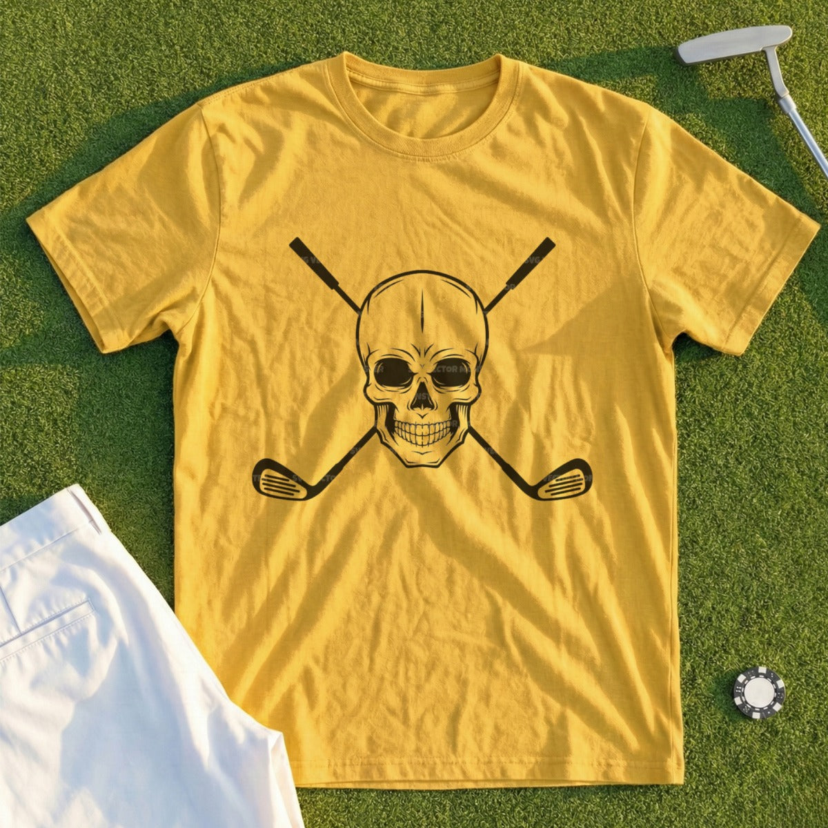 Yellow t-shirt with crossed golf clubs and skull graphic.