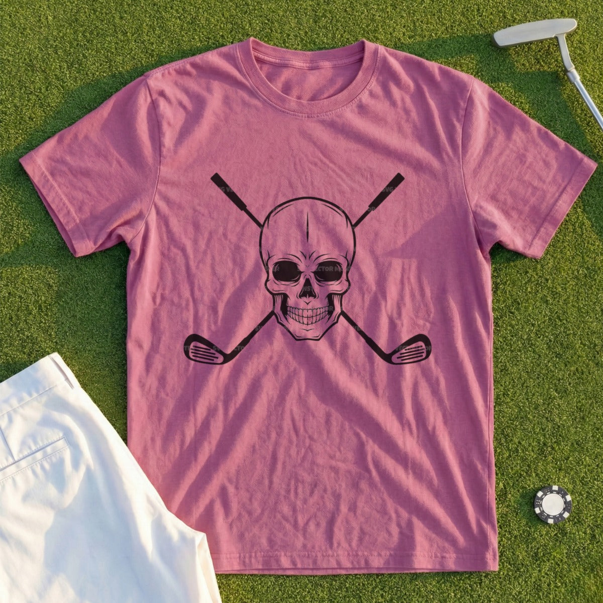 Pink t-shirt with skull and crossed golf clubs graphic.