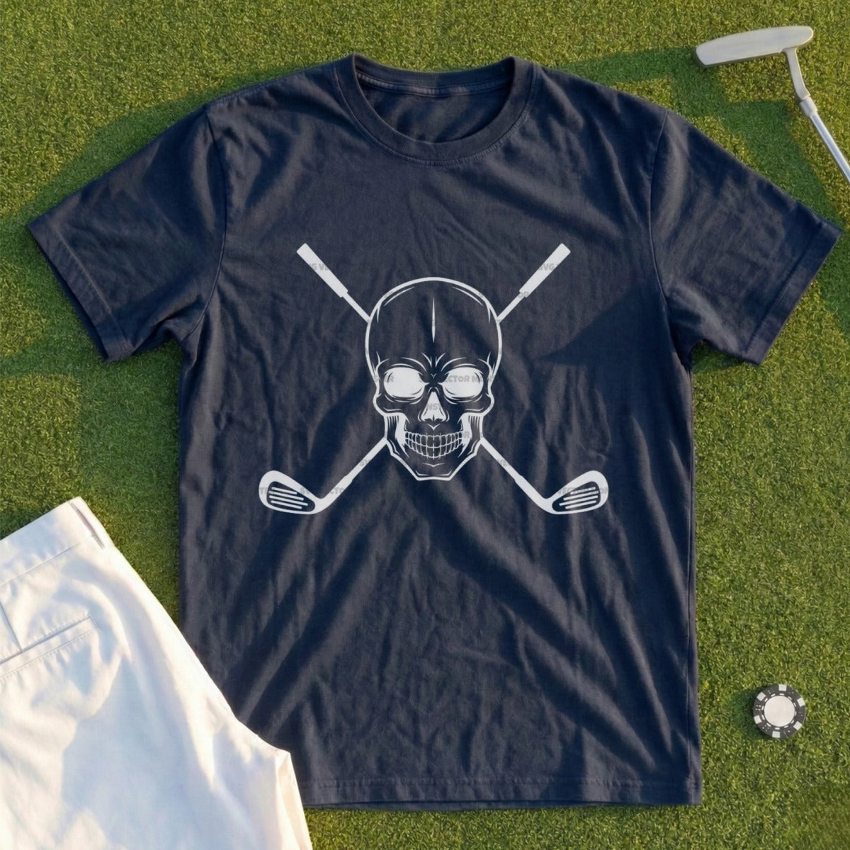 Dark t-shirt with a white skull and crossed golf clubs design.