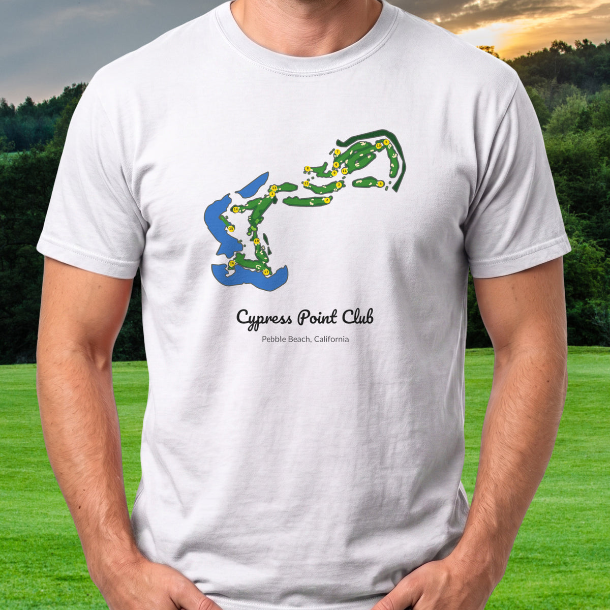 Cypress Point Club Course Map Tee worn on the golf course, White