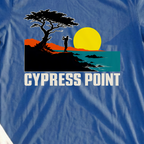 Cypress Point Travel Poster Recut Tee, print close-up on Royal