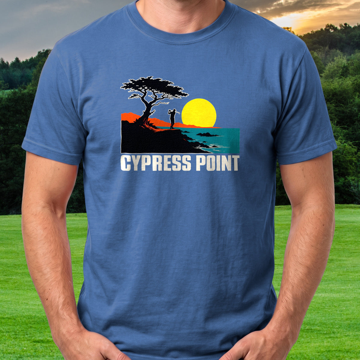 Cypress Point Travel Poster Recut Tee worn on the golf course, Royal