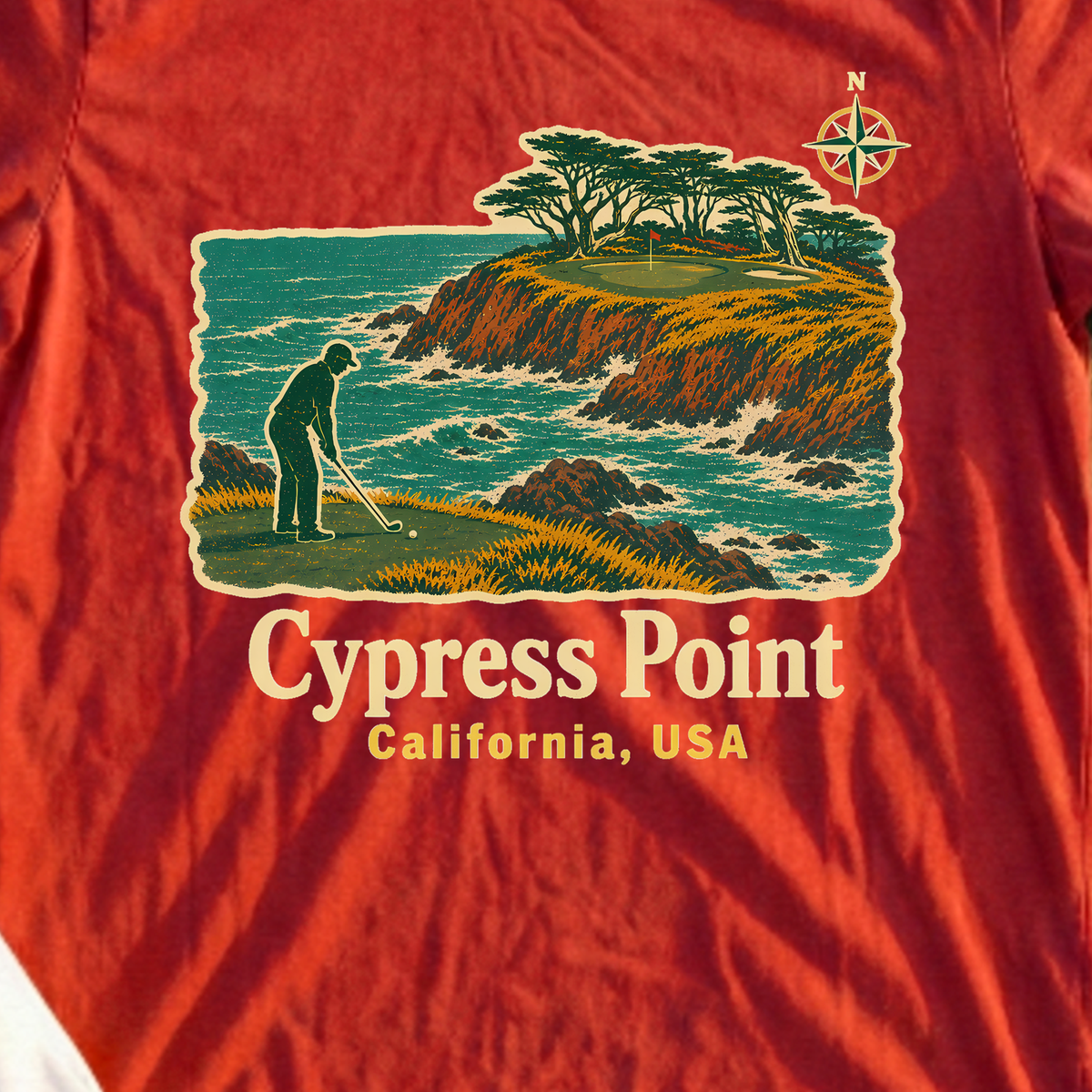 Cypress Point Travel Poster Tee, print close-up on Red