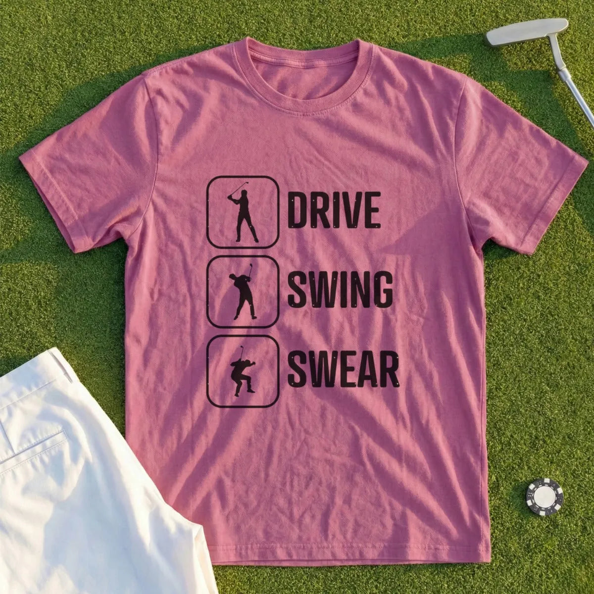 Rose t-shirt with "Drive Swing Swear" text and golfer graphics.
