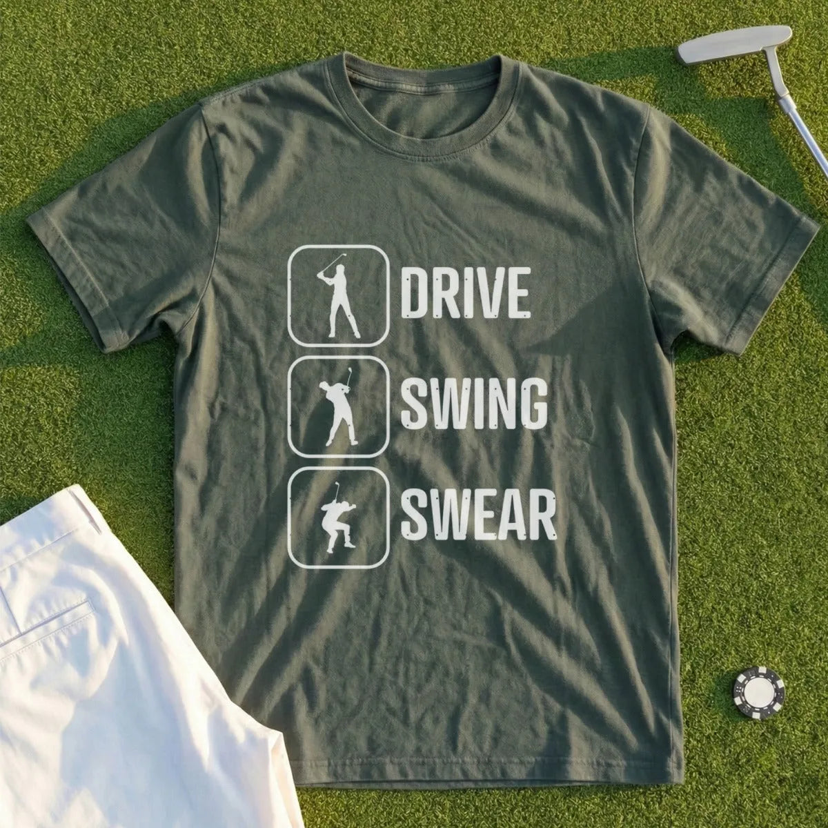 Olive t-shirt with "Drive, Swing, Swear" text and golf graphics.