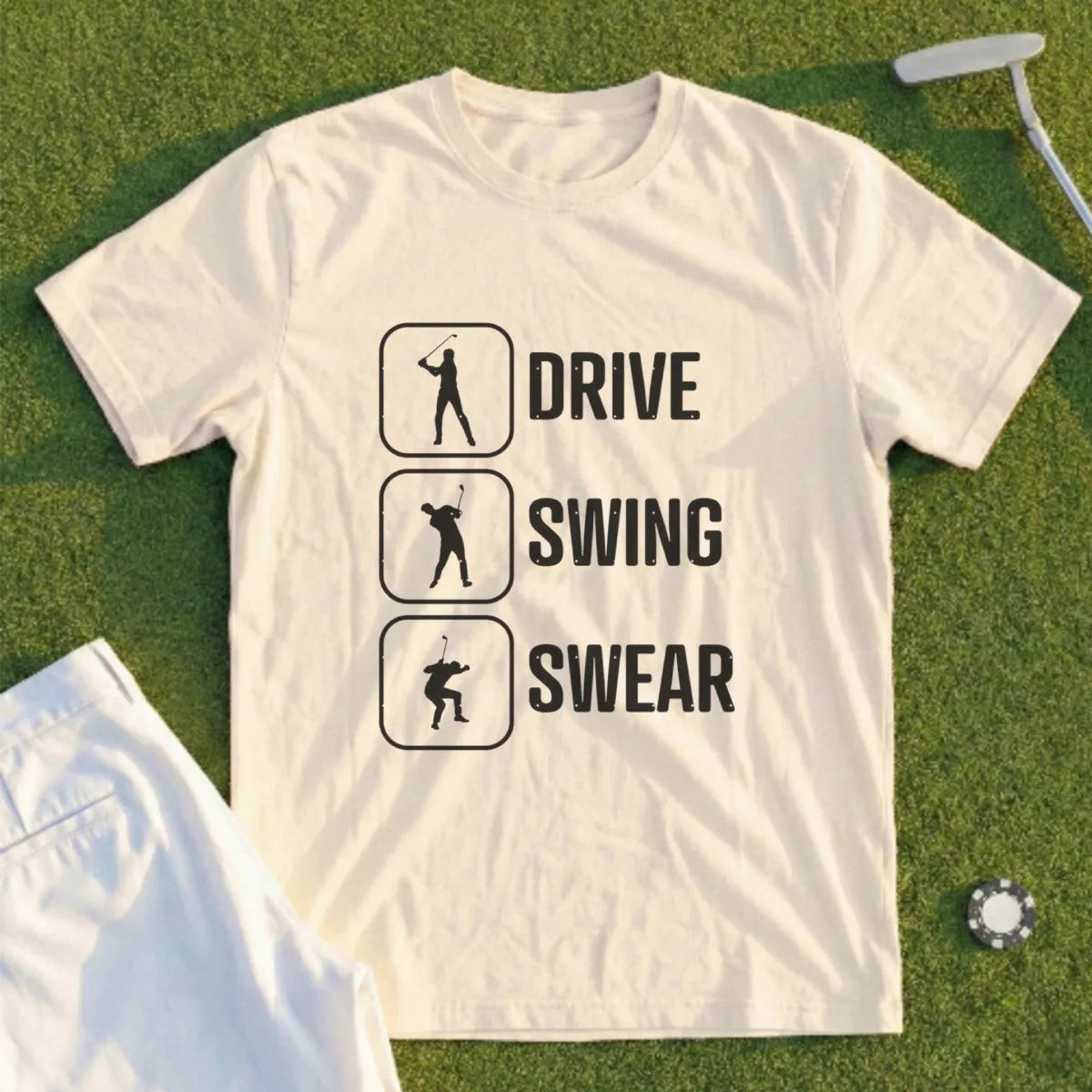 T-shirt with "DRIVE SWING SWEAR" text and golfer silhouettes.