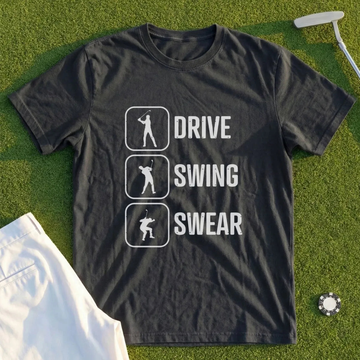 Black t-shirt with "DRIVE SWING SWEAR" text and golf silhouette icons.