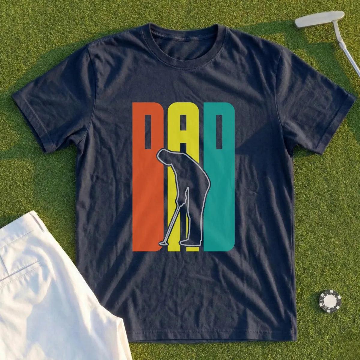 Dark blue t-shirt with "DAD" in colorful blocks and golfer silhouette.