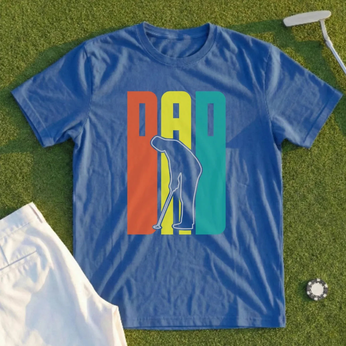 Blue t-shirt with "DAD" in colorful blocks and a golfer silhouette.