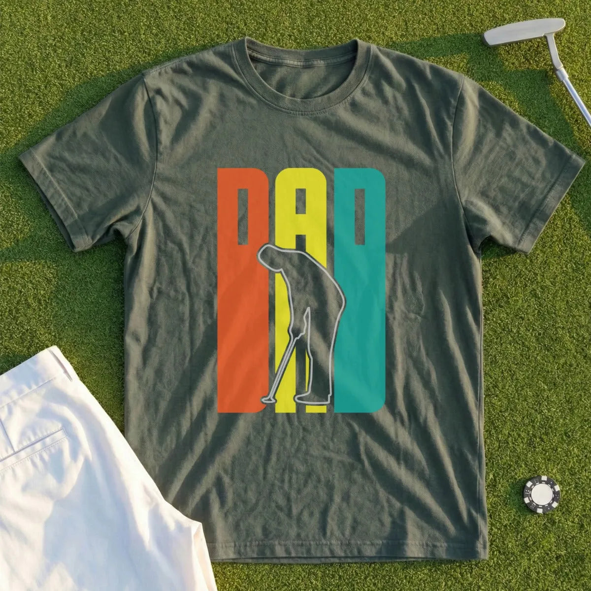Green t-shirt with "DAD" text and a golfer silhouette.