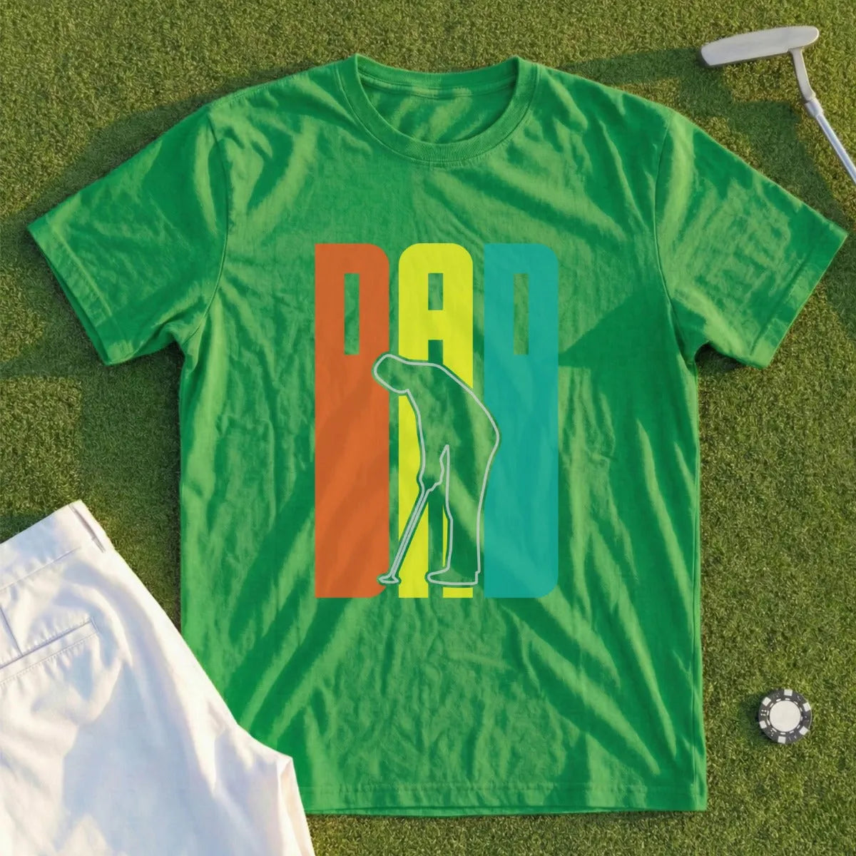 Green t-shirt with "DAD" in colorful block letters and golfer silhouette.