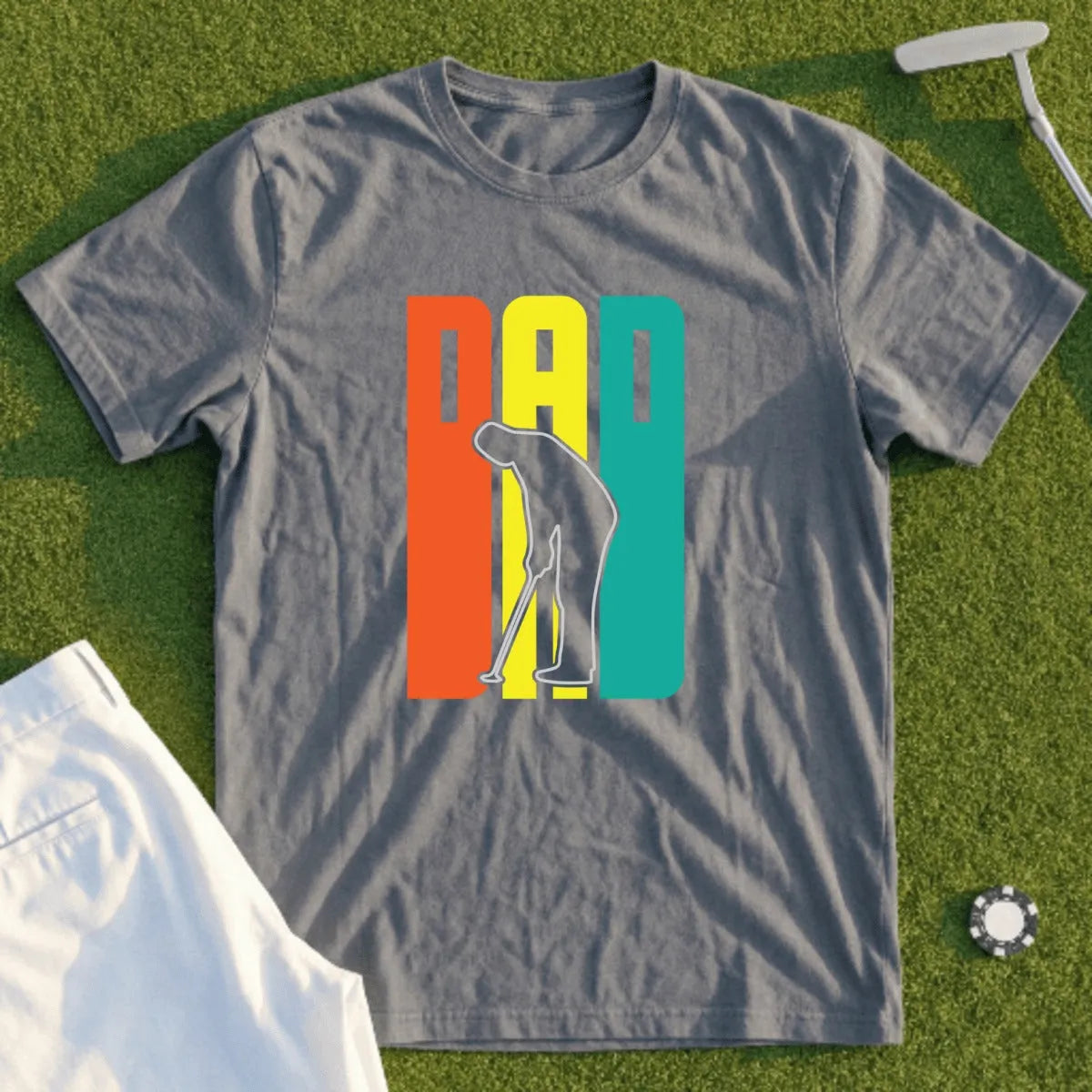 Grey t-shirt with colorful "DAD" text and a golfer silhouette.